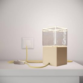    Posaluce Cubetto Color, painted wooden table lamp, with textile cable, switch and UK plug