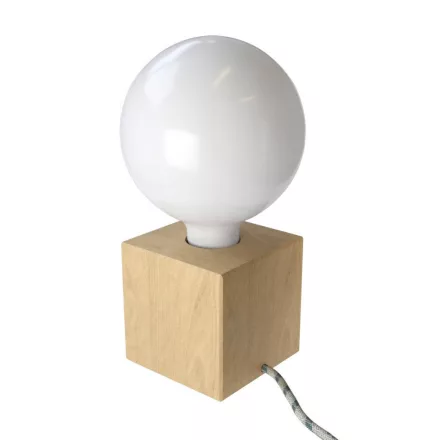 Posaluce Cubetto, wooden table lamp with fabric cable, switch and UK plug