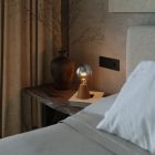 Portable and rechargeable Cabless01 LED lamp with silver hemispherical bulb