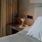 Portable and rechargeable Cabless01 LED lamp with silver hemispherical bulb