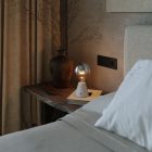 Portable and rechargeable Cabless01 LED lamp with silver hemispherical bulb