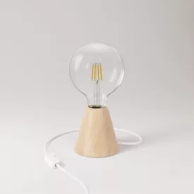 Table lamp with alder wood base and transparent bulb