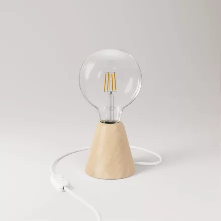 Table lamp with alder wood base and transparent bulb