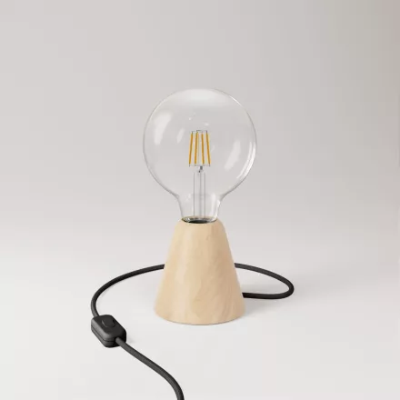 Table lamp with alder wood base and transparent bulb