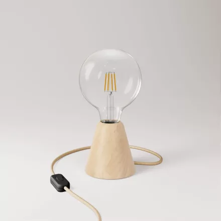 Table lamp with alder wood base and transparent bulb