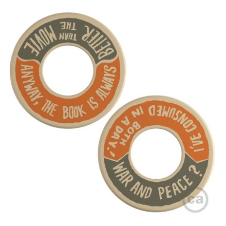  MINI-UFO: reversible wooden disk READING BALLSH*T collection, subject: WAR&PEACE + BETTER THAN THE MOVIE