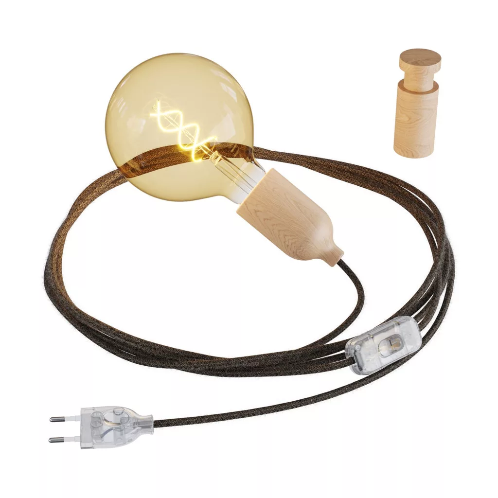 Snake, cable with wooden lamp holder and Rolé cable clip - A