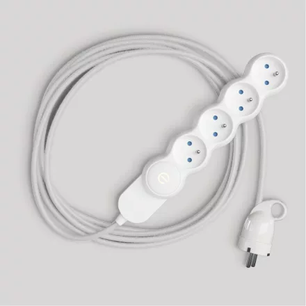 French multi-socket connector, polished white fabric cable and Schuko plug with comfort ring