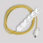 French multi-socket connector, bright yellow fabric cable and Schuko plug with comfort ring