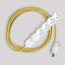  French multi-socket connector, bright yellow fabric cable and Schuko plug with comfort ring