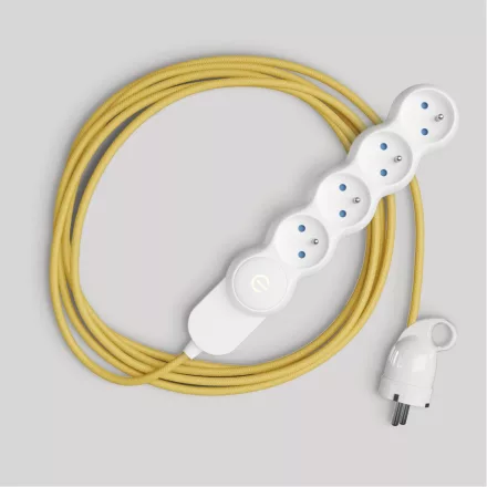 French multi-socket connector, bright yellow fabric cable and Schuko plug with comfort ring