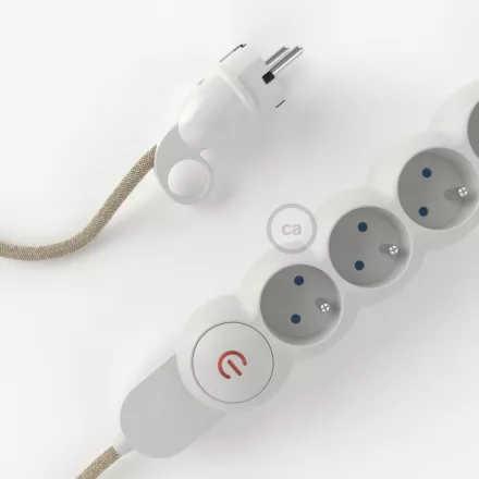  French power strip with electrical cable, covered with RN01 neutral natural canvas material and Schuko plug with comfort ring