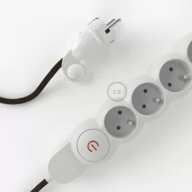   French Power Strip brown Natural Linen RN04 covered with electrical cable and Schuko plug with comfort ring