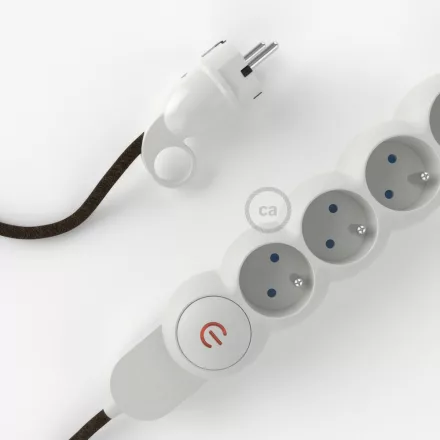 French Power Strip brown Natural Linen RN04 covered with electrical cable and Schuko plug with comfort ring