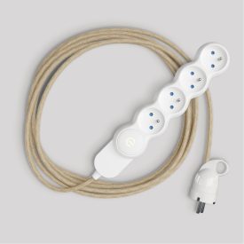   French multi-socket connector with neutral-colored jute cable and Schuko plug with comfort ring