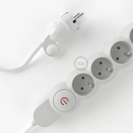  French Power Strip with fabric-covered electrical cable, RM01 white fabric and Schuko plug with comfort ring