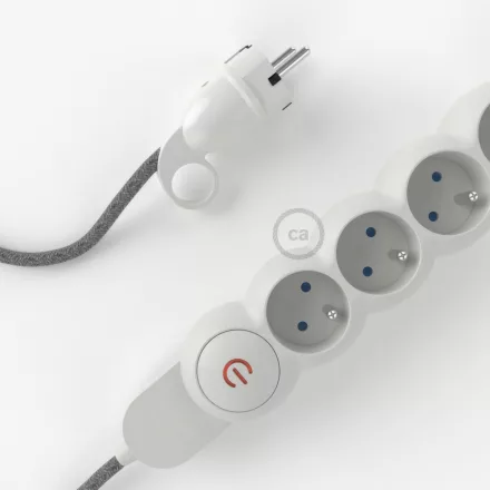  French power strip with electrical cable Grey natural linen RN02 fabric and Schuko plug with comfort ring