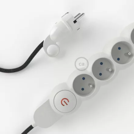  French power strip with electrical cable, anthracite natural linen RN03 fabric and Schuko plug with comfort ring