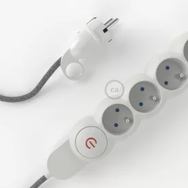    French power strip with electrical cable Grey natural linen RN02 fabric and Schuko plug with comfort ring