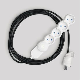   Schuko multi-connector socket with polished black fabric cable and Schuko plug with convenient ring