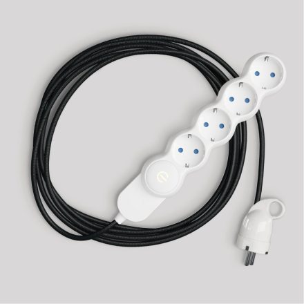 Schuko multi-connector socket with polished black fabric cable and Schuko plug with convenient ring