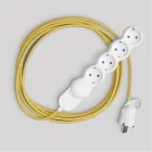 Schuko multi-socket outlet with bright yellow textile cable and Schuko plug, with convenient ring