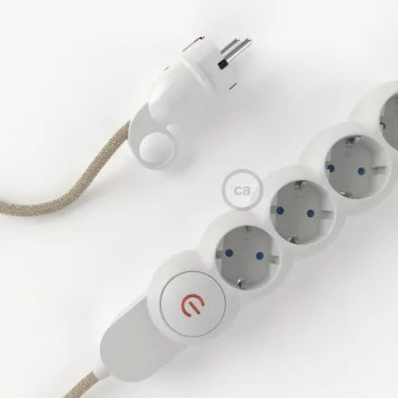  German Power Strip with electrical cable covered with Neutral Natural Linen RN01 material and Schuko plug with comfort ring