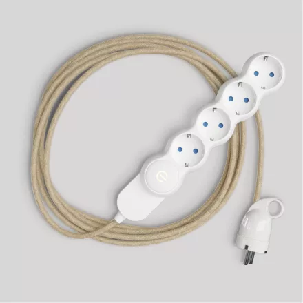 Schuko multi-connector socket with neutral-colored jute cable and Schuko plug, with convenient ring