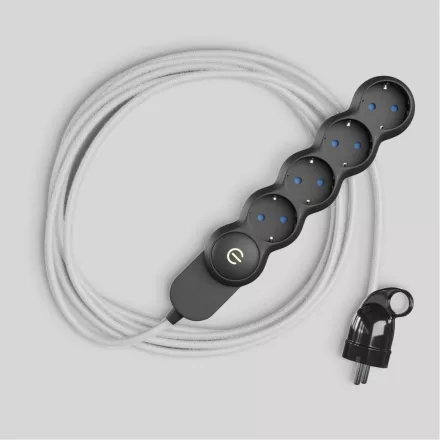 Schuko multi-connector socket with polished white fabric cable and Schuko plug with convenient ring
