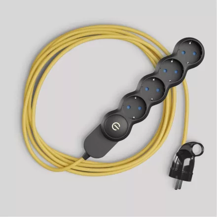 Schuko multi-socket outlet with bright yellow textile cable and Schuko plug, with convenient ring