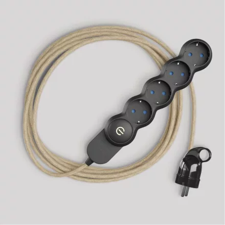 Schuko multi-connector socket with neutral-colored jute cable and Schuko plug, with convenient ring