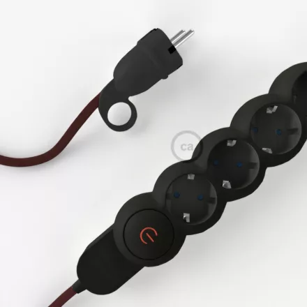  German Power Strip with burgundy RM19 fabric-covered electrical cable and Schuko plug with comfort ring