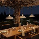 Modular outdoor pendant lamp with lampshade, 5-meter textile cable, decentralizer, ceiling rosette and lamp holder IP65 waterproof