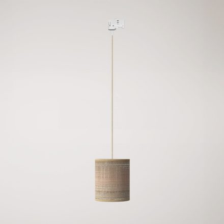 Track-mounted pendant lamp with textile cable and raffia Cilindro lampshade