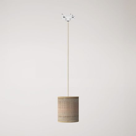 Track-mounted pendant lamp with textile cable and raffia Cilindro lampshade