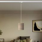 Track-mounted pendant lamp with textile cable and raffia Cilindro lampshade