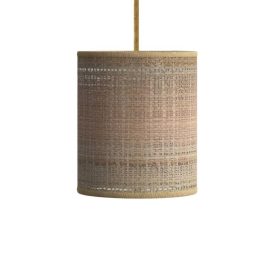   Suspended lamp with textile cable, raffia cylindrical lampshade and metal decoration - Made in Italy - Bulb included