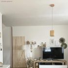 Suspended lamp with textile cable, raffia cylindrical lampshade and metal decoration - Made in Italy - Bulb included
