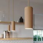 Suspended lamp with textile cord and Tub-E14 wooden shade - Made in Italy