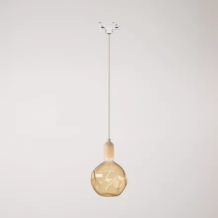 Rail-mounted pendant lamp with wooden lamp holder