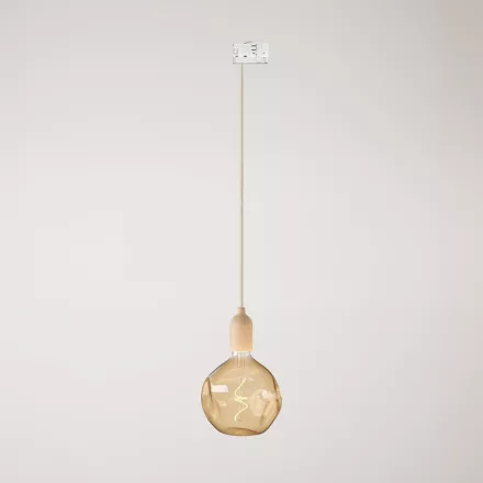 Rail-mounted pendant lamp with wooden lamp holder