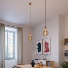 Pendant lamp made in Italy, with fabric cables and wooden cover