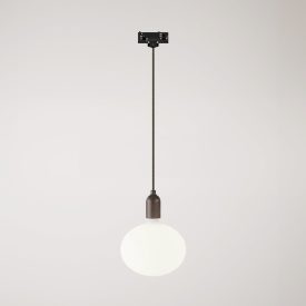 Rail-mounted pendant lamp with wooden lamp holder