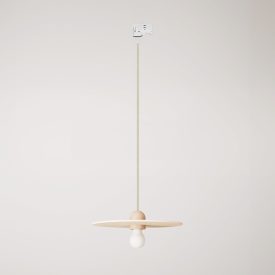 Wooden rail lamp with textile cable and UFO lampshade