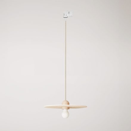 Wooden rail lamp with textile cable and UFO lampshade