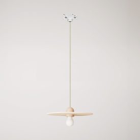 Wooden rail lamp with textile cable and UFO lampshade