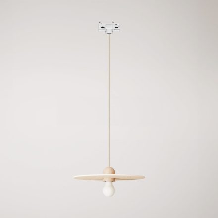 Wooden rail lamp with textile cable and UFO lampshade