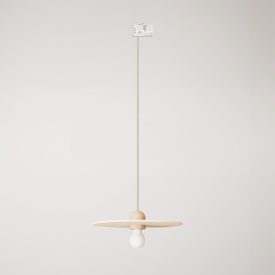 Wooden rail lamp with textile cable and UFO lampshade