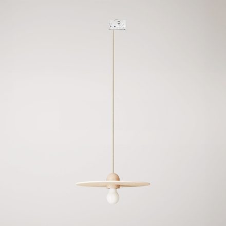 Wooden rail lamp with textile cable and UFO lampshade