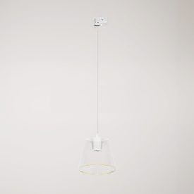 Suspended lamp with transparent conical Ghost bulb on rail